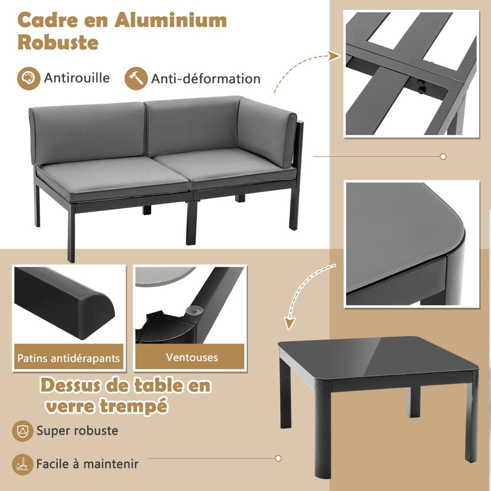 Salon de Jardin Extrieur avec Table Basse en Verre Tremp Canapavec Dossier Inclinable  6 Niveaux Coussins Inclus Gris -