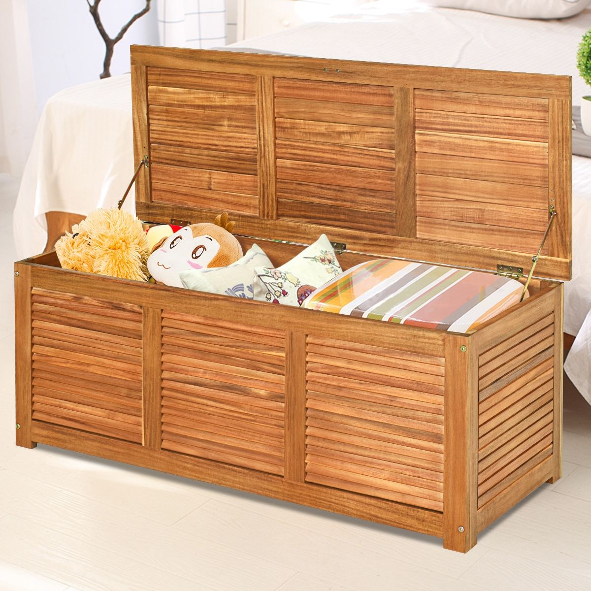 Malle en Bois d’Acacia Coffre Boîte de Rangement 120 x 45 x 45 cm Charge Max 150KG pour Terrasse Jardin ou Cour Nature -