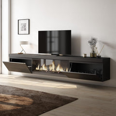 Skraut Home | Meuble TV | Banc Télé | Grand Espace de Rangement | 267x45x35 cm | TV Grand Format | Cheminée électrique XXL | Suspendu, Mural | Style Moderne | Noir