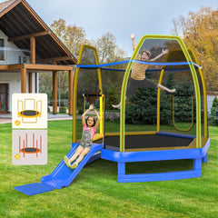 Trampoline Extérieur Ø 223cm avec Toboggan&Echelle avec Filet de Sécurité 2 Portes en U Charge 270kg pour 2-3 Enfants de 3 Ans+ Bleu/Vert -