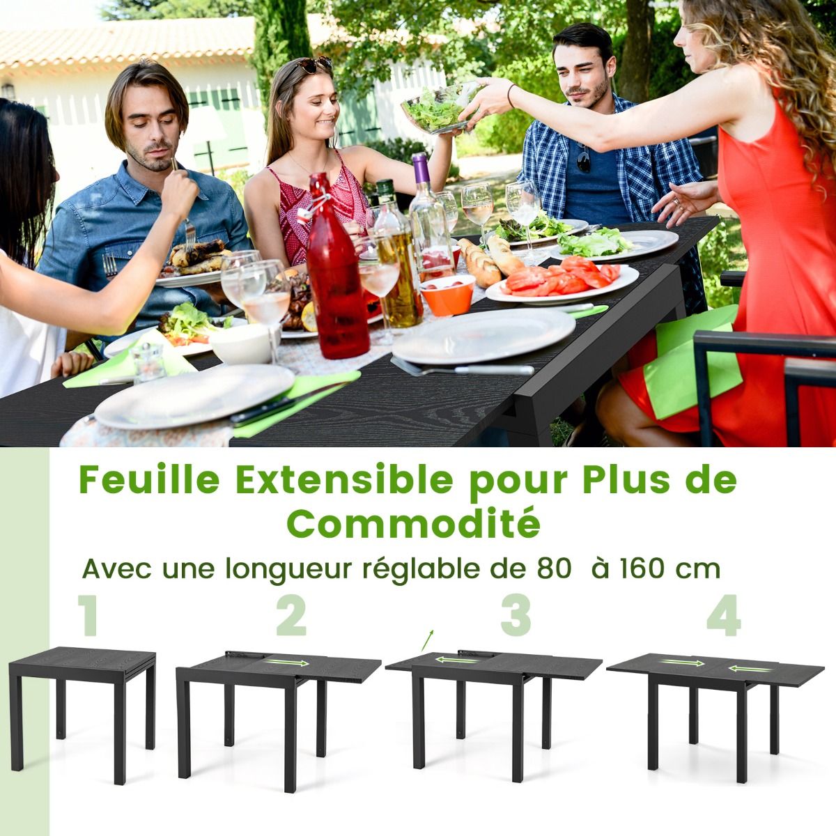 Table de Jardin Extensible en Aluminium Ajustable de 80 à 160 CM Table à Manger Rectangulaire pour 4-6 Personnes Gris/Naturel -
