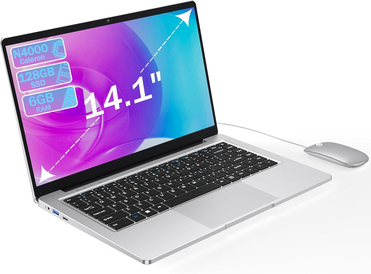 Ordinateur Portable 14 1" Pouces laptop 6 Go de RAM 128 Go de SSD N4000 Celeron Dual-Core Wi-Fi Bluetooth 2 4/5 0G 1366 * 768 IPS Design sans Ventilateur Inclus une Souris Clavier à Membrane.