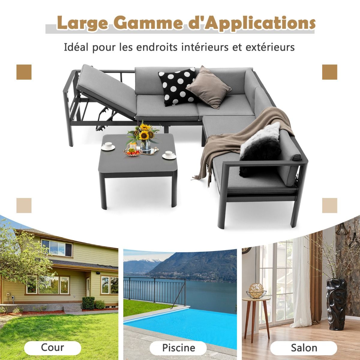 Salon de Jardin Extérieur avec Table Basse en Verre Trempé Canapéavec Dossier Inclinable à 6 Niveaux Coussins Inclus Gris -