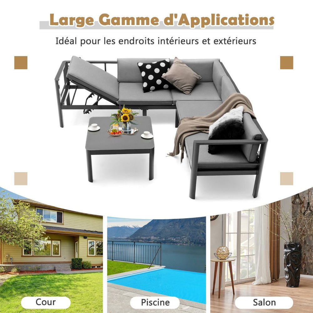 Salon de Jardin Extérieur avec Table Basse en Verre Trempé Canapéavec Dossier Inclinable à 6 Niveaux Coussins Inclus Gris -