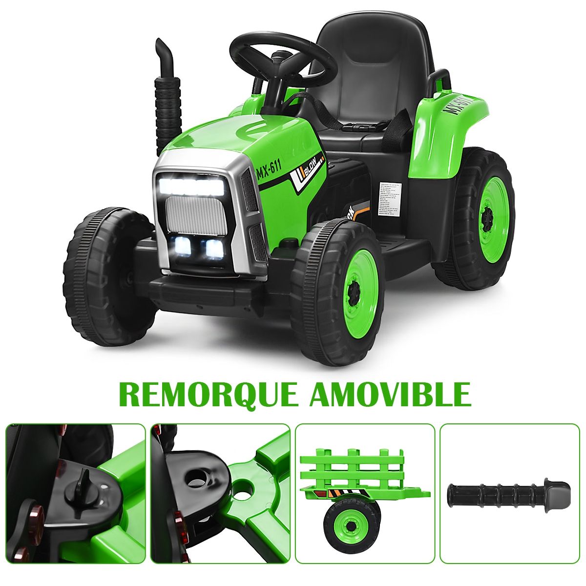 Tracteur Electrique avec Remorque pour Enfants 3 Vitesses Lumires LED Fonctions o USB et Bluetooth Jaune/Rose/Rouge/Vert/Vert Fonc/Noir -