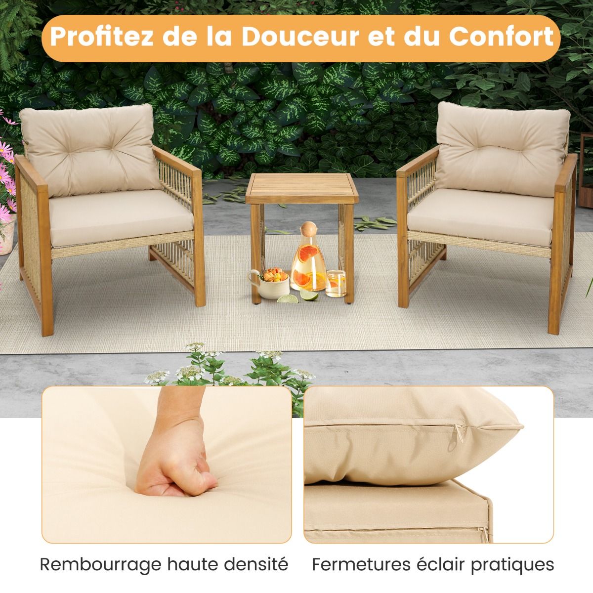 Salon de Jardin avec 1 Table et 2 Fauteuils en Bois d'Acacia et Rotin Anti-UV Pieds Rglables Coussins avec Zip Nautel -