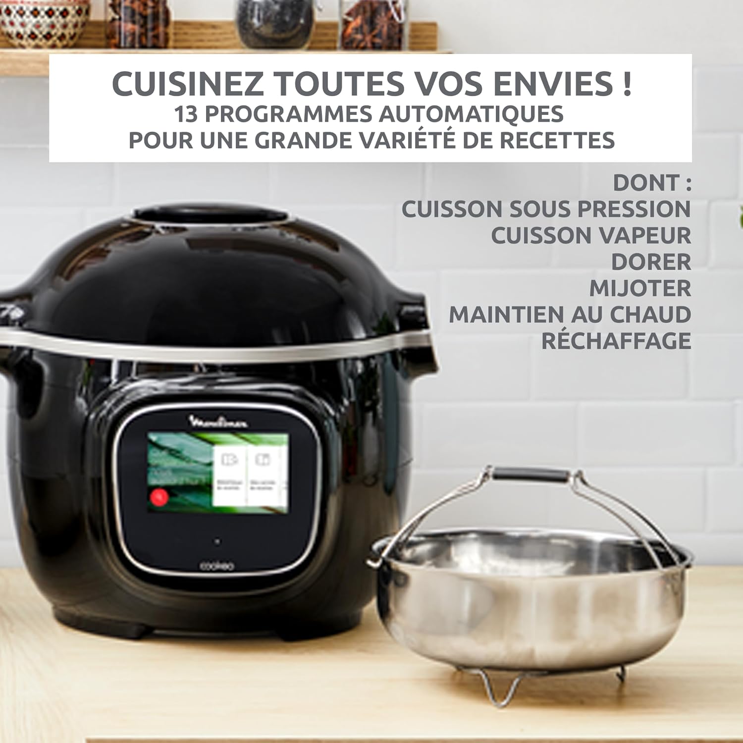 Moulinex Cookeo Touch Wifi Multicuiseur intelligent, Cuve 6 L, Haute pression, Guide pas à pas, 250 recettes intégrées, Application Moulinex CE902800, Noir