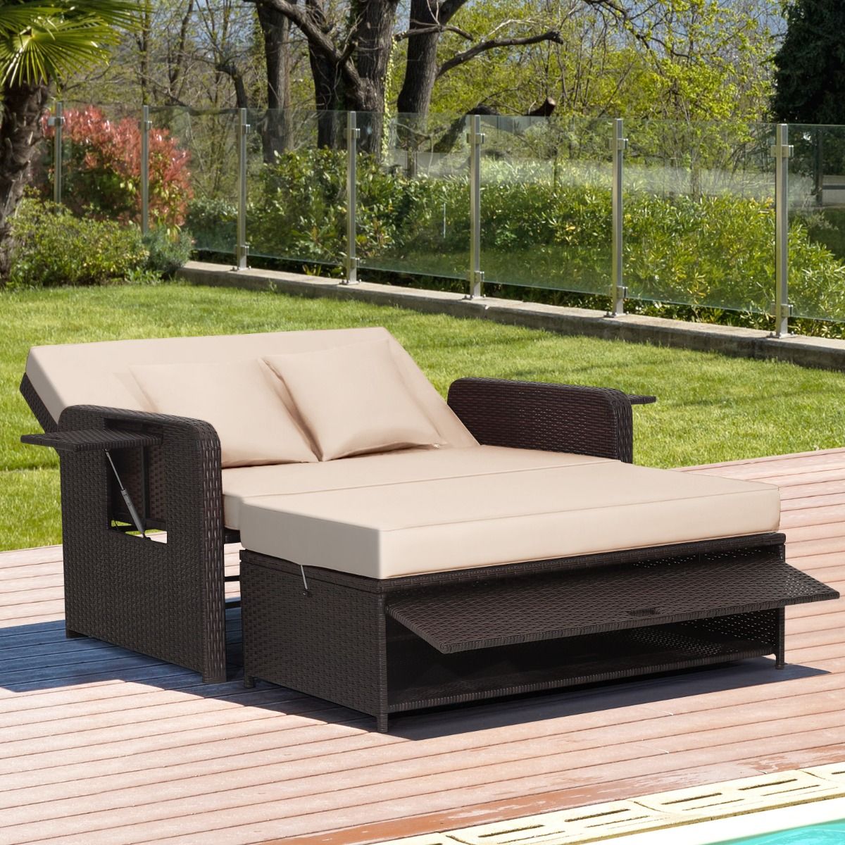 Salon de Jardin Extrieur Ajustable  Lit,2 Place avec Stockage Cach,Dossier Rglable  4 Niveaux en Rotin PE -
