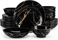LOVECASA Service de Table 6 Personnes - Collection Daphne en Grès - 24 Pièces (Assiettes Plates, Dessert, Bols Céréales, Pâtes) Design Noir & Doré