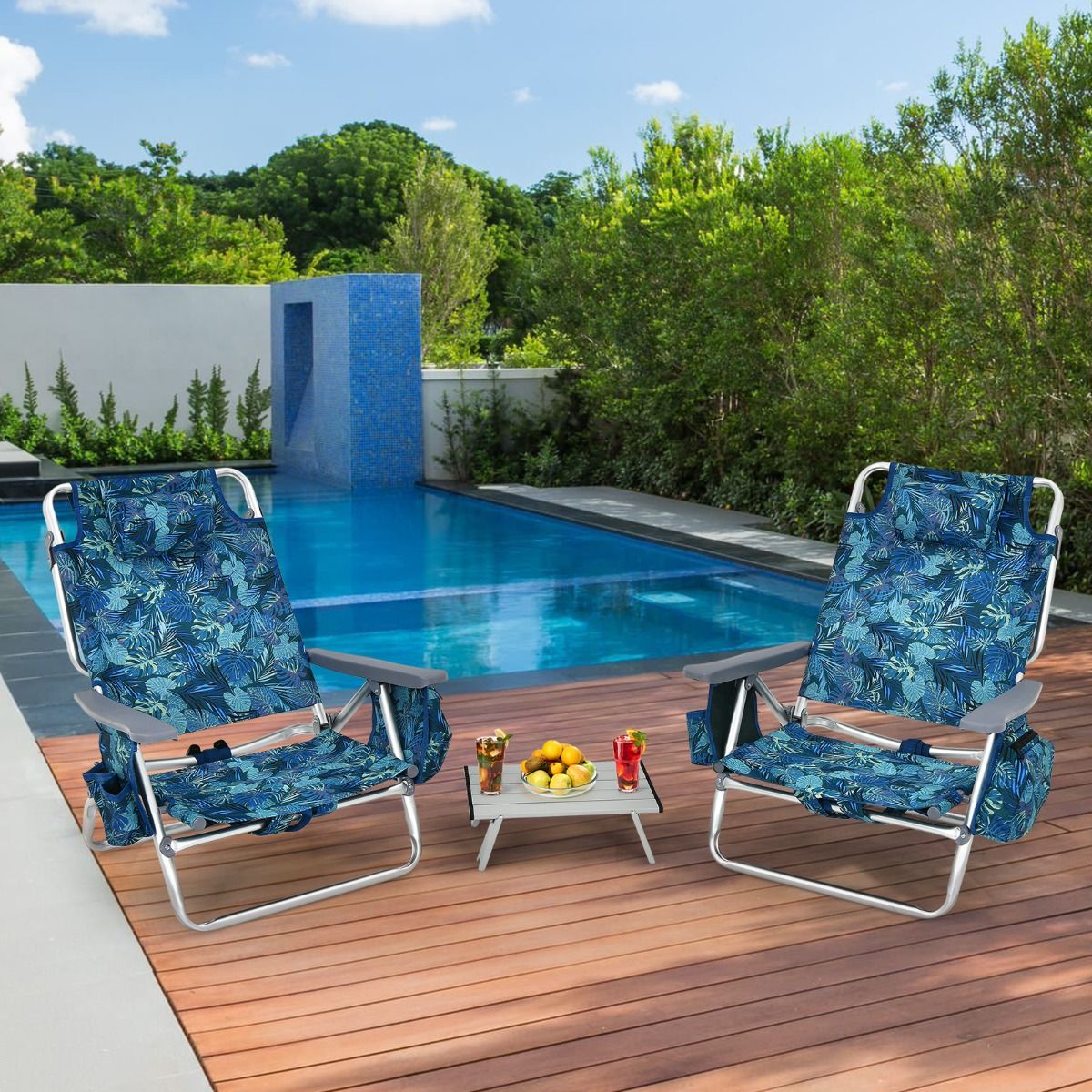 Lot de 2 Chaises de Camping Plage Pliante Table Enroulable en Aluminium Appui-tête Dossier Réglable à 5 Positions 6 Couleurs au Choix -