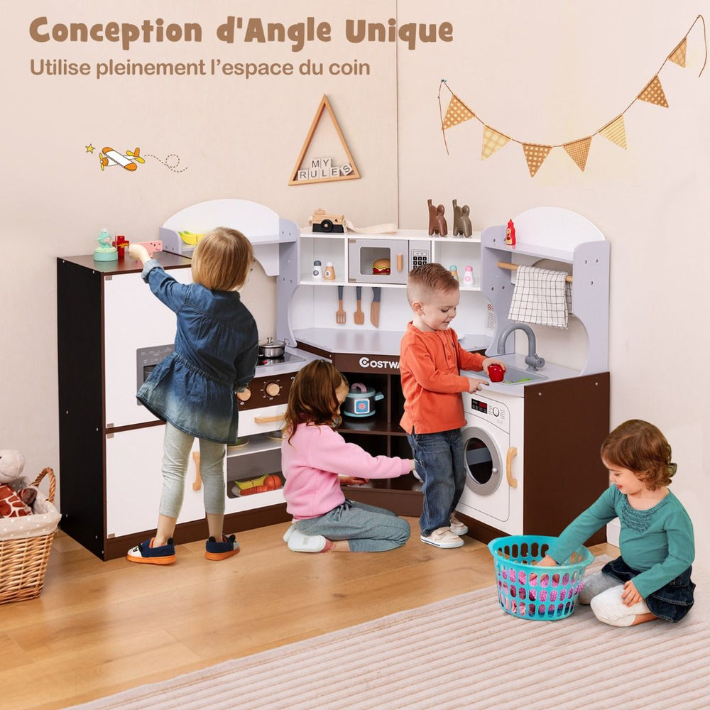 Jeu de Cuisine d'Angle pour Enfants de 3 Ans et Plus en Bois Machine à Glaçons Porte-serviettes Accessoires Effets Sonores et Lumineux -