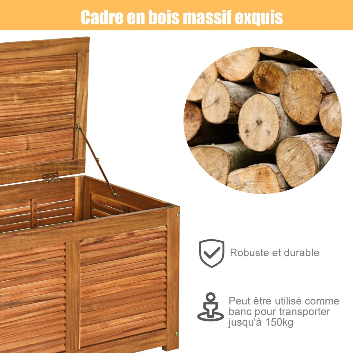 Malle en Bois d’Acacia Coffre Boîte de Rangement 120 x 45 x 45 cm Charge Max 150KG pour Terrasse Jardin ou Cour Nature -