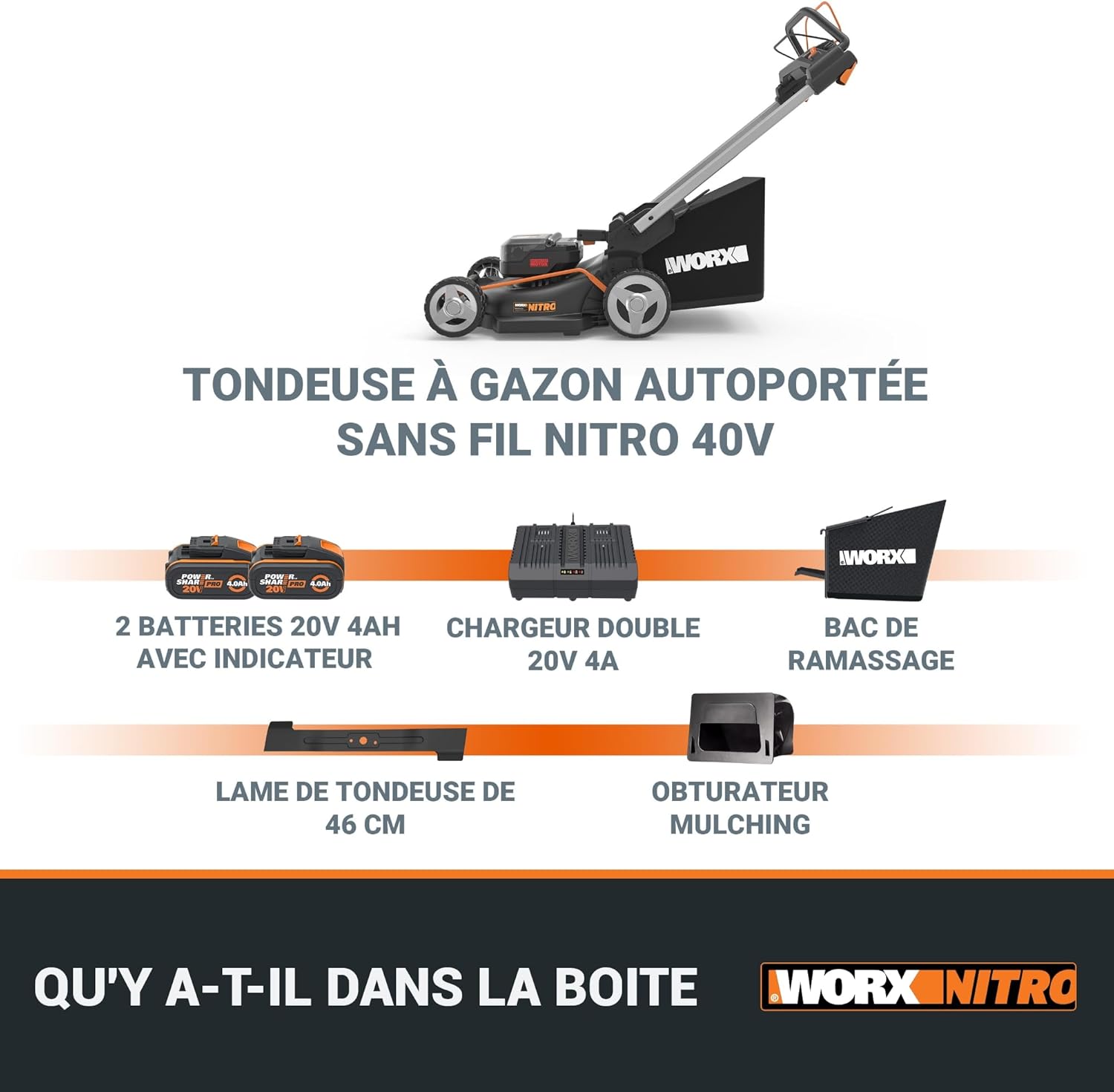 Pack Pro+ Tondeuse à Gazon 40V 460m² + Coupe-Bordures 20V + 2 Batteries 4Ah et 1 Batterie 2Ah + Chargeur Double et Chargeur Simple (Idéal pour l'Entretien du Jardin)