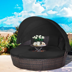 Lit de Jardin Rond d'Exterieur Table Relevable Modulable & Convertible - Pare Soleil Réglable rotin PE Coussins Inclus Noir -