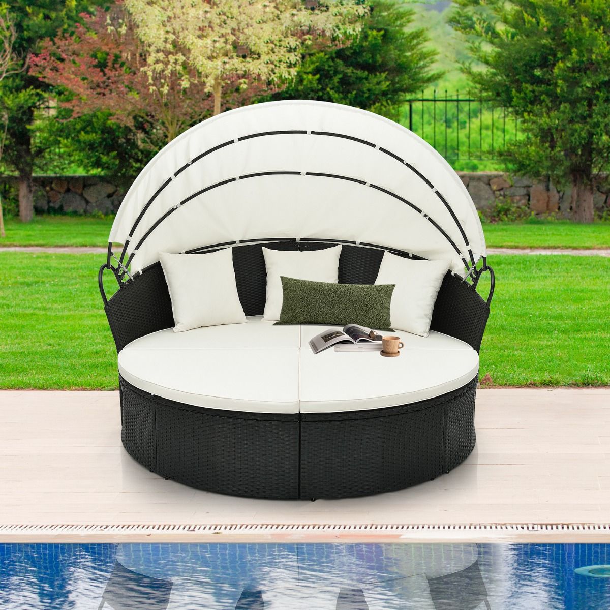 Lit Canapé de Jardin Rond en Rotin PE Auvent Rétractable Coussins et Oreillers Amovibles Salon de Jardin Modulable Blanc -