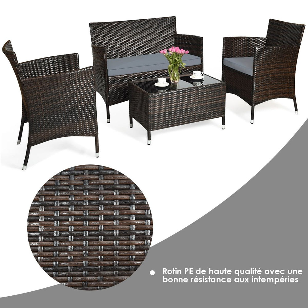 Salon de Jardin 4 PCS Mobilier de Terrasse en Rotin PE pour Vranda Patio Terrasse Piscine Marron et Gris -