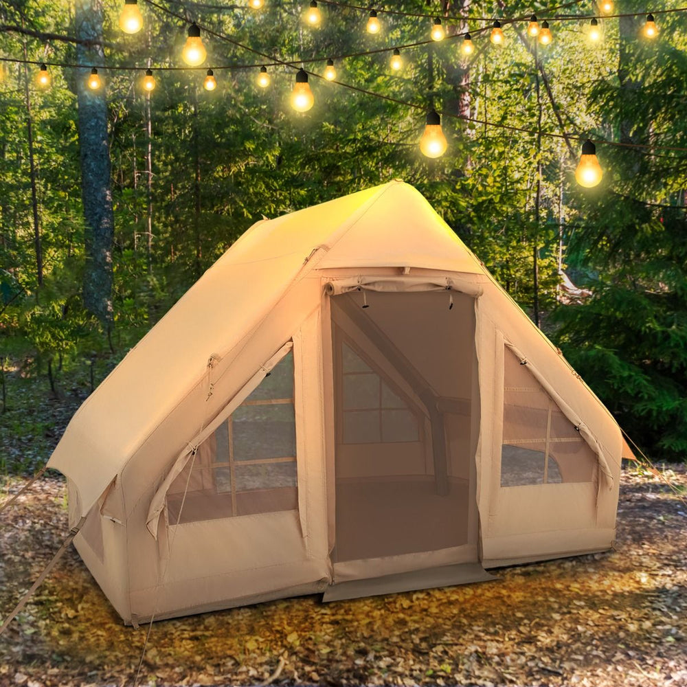 Tente de Camping Gonflable 6 m² pour 4-6 Personnes Tente en Coton Coupe-vent et Imperméable avec Pompe 7 Fenêtres à Moustiquaire Beige -