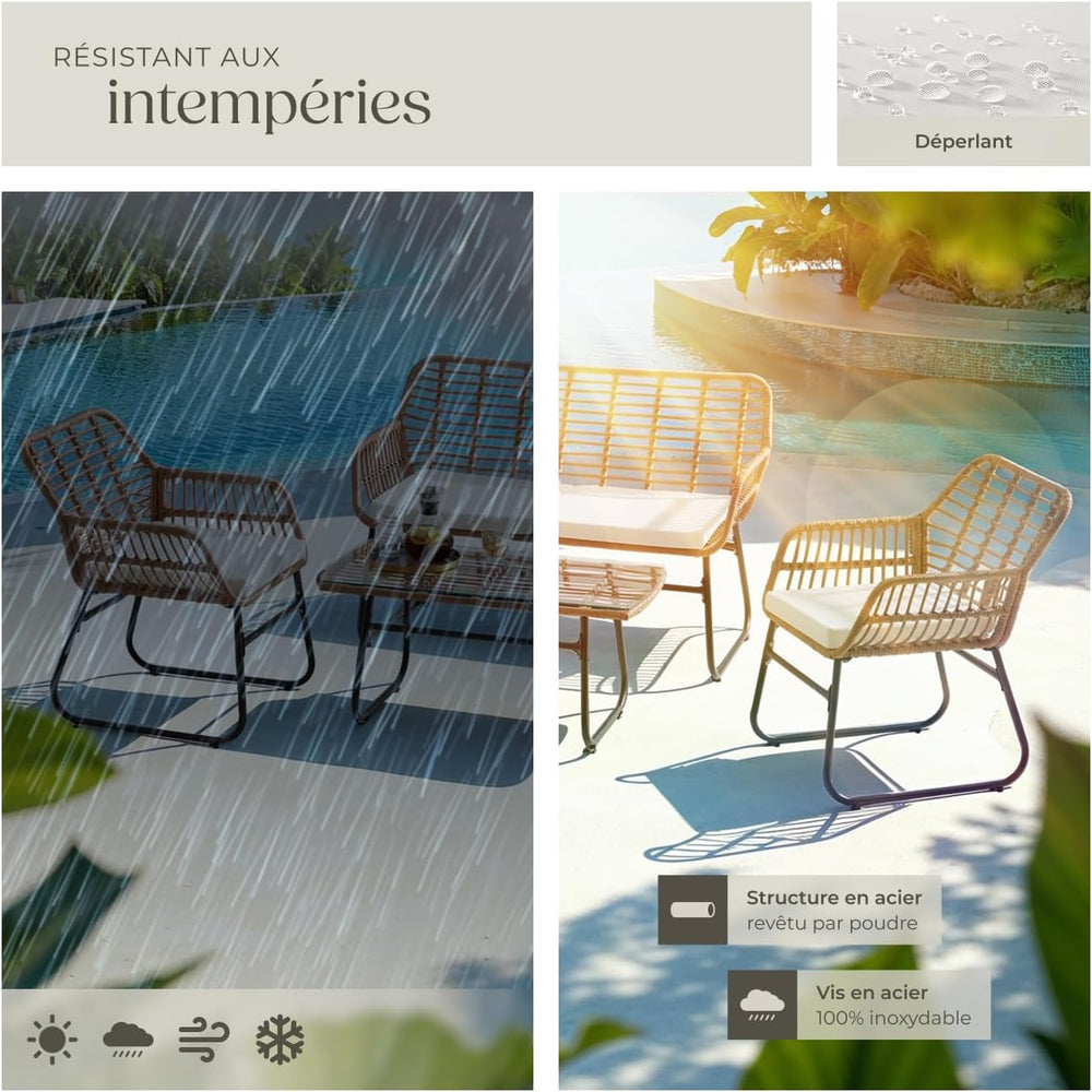 TecTake® Salon de Jardin Extérieur en Poly Rotin 4 Personnes Ensemble Canapé 2 Places 2 Fauteuil Salon et Table de Jardin, Coussins Amovibles Inclus, Amenagement Balcon Terrasse Veranda