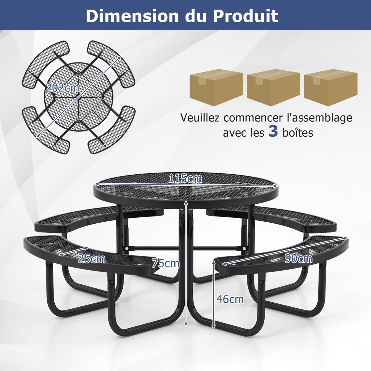 Table de Pique-Nique Ronde avec 4 Bancs Intégrés pour 8 Personnes Table de Camping en Métal avec Sièges et Trou pour Parasol 202x75cm Noir -