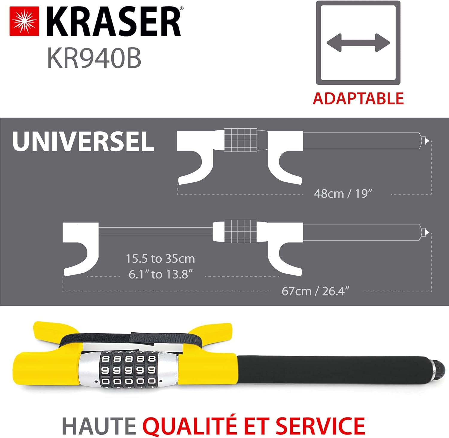 KRASER KR940B Antivol Voiture à Code Sécurité Maximale, Canne Jaune Plus Visible et Dissuasif, Robuste Bloque Volant avec Marteau d'Urgence, Bloc Barre Anti Vol Universel pour Auto, Camping-Car