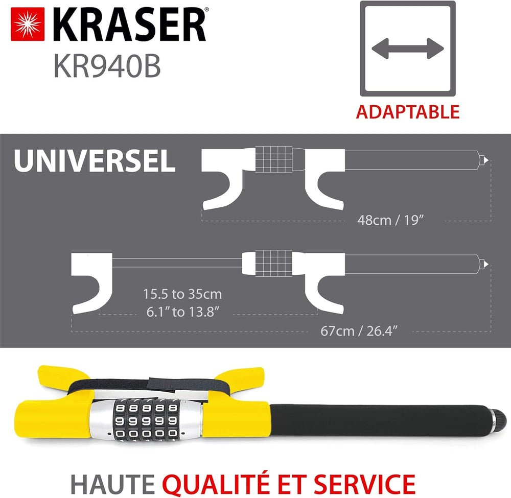 KRASER KR940B Antivol Voiture à Code Sécurité Maximale, Canne Jaune Plus Visible et Dissuasif, Robuste Bloque Volant avec Marteau d'Urgence, Bloc Barre Anti Vol Universel pour Auto, Camping-Car