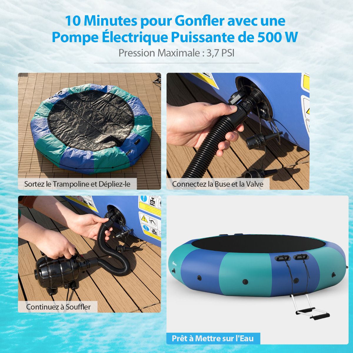 Trampoline Aquatique Gonflable Dia.457cm Capacité de 150kg avec Kit de Réparation Echelle et Gonfleur Electrique 500w Bleu -