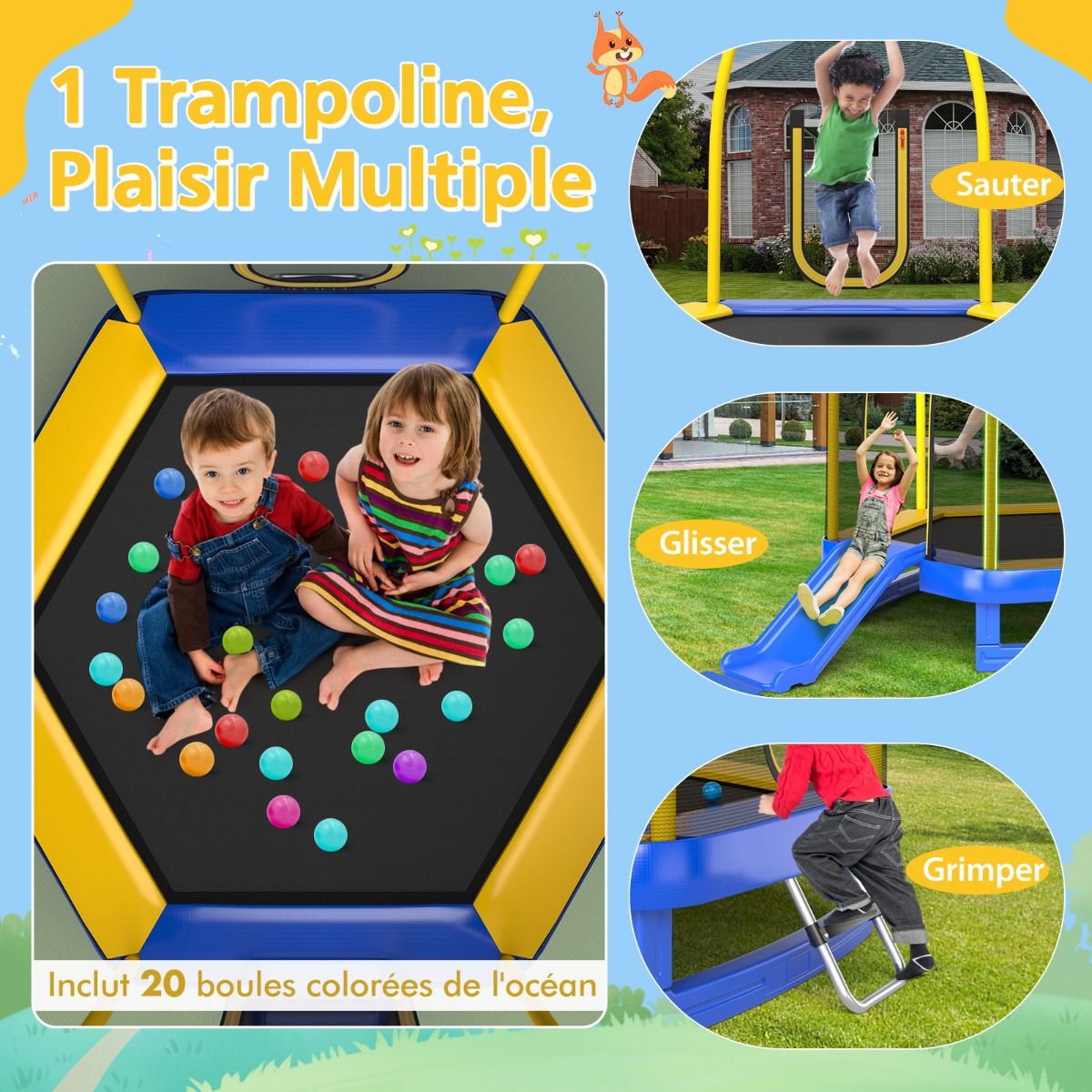 Trampoline Extérieur Ø 223cm avec Toboggan&Echelle avec Filet de Sécurité 2 Portes en U Charge 270kg pour 2-3 Enfants de 3 Ans+ Bleu/Vert -
