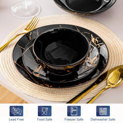 LOVECASA Service de Table 6 Personnes - Collection Daphne en Grès - 24 Pièces (Assiettes Plates, Dessert, Bols Céréales, Pâtes) Design Noir & Doré