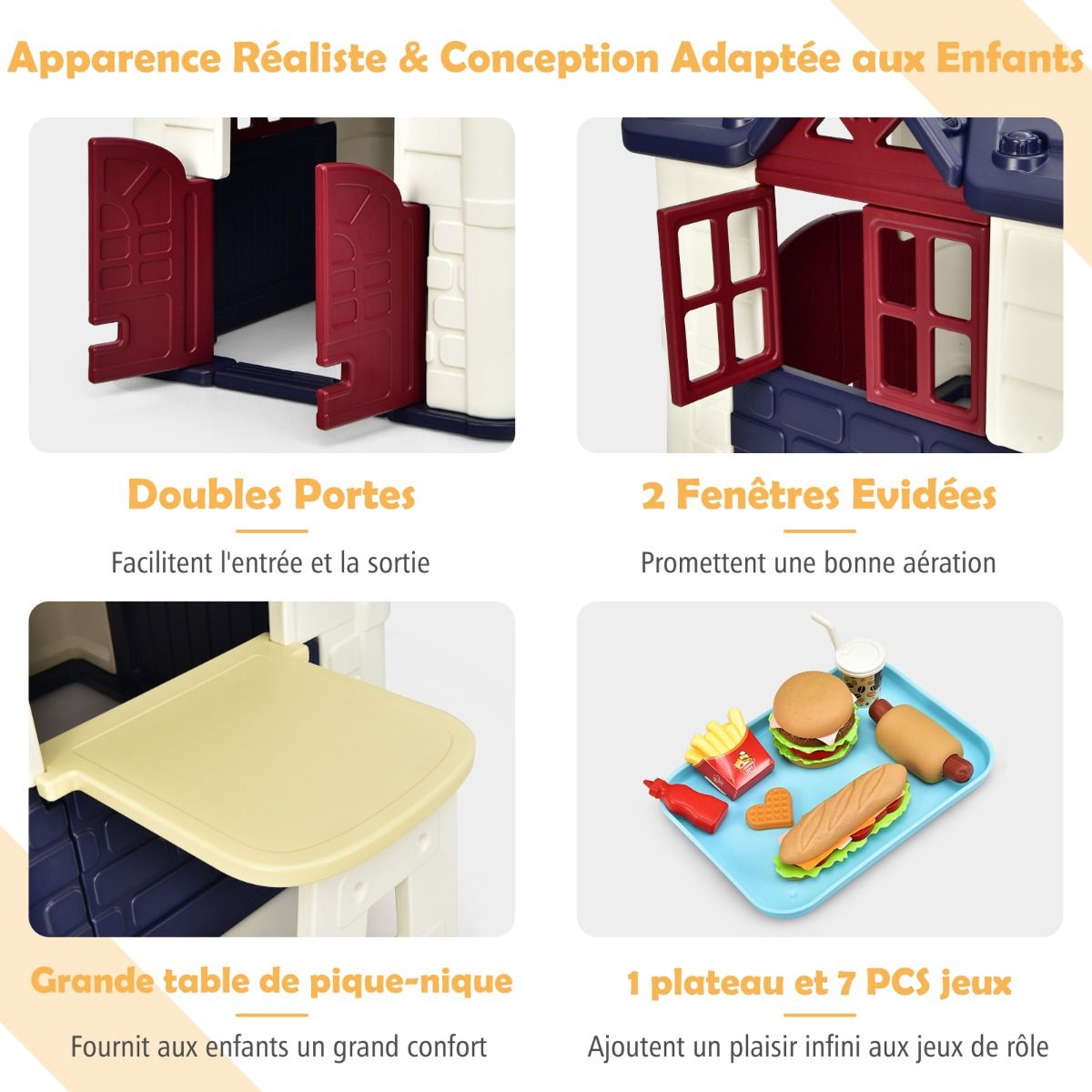 Maison Chef House -Thme Burger Bar - Table de Pique Nique Cabane de Jardin Anti-UV en Plastique 164x124x132 cm Bleu/Rose/Jaune -