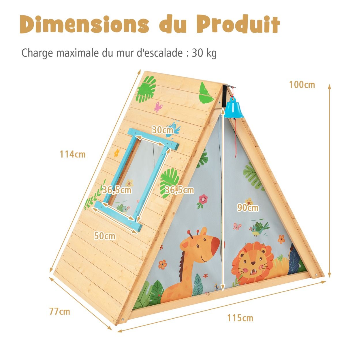 Maison de Jardin Enfants 2 en 1 avec Escalade Cloche Impermable Cabane en Bois de Sapin Exterieur et Intrieur 3-8 Ans -