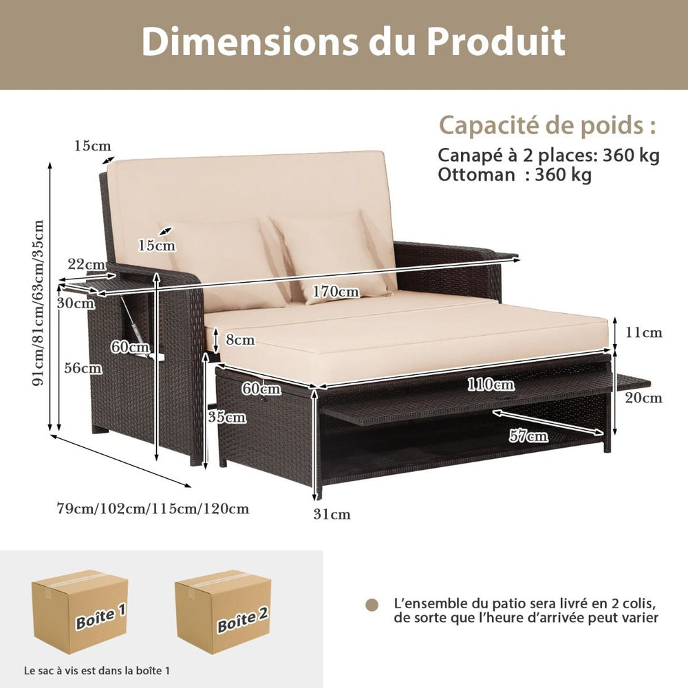 Salon de Jardin Extrieur Ajustable  Lit,2 Place avec Stockage Cach,Dossier Rglable  4 Niveaux en Rotin PE -