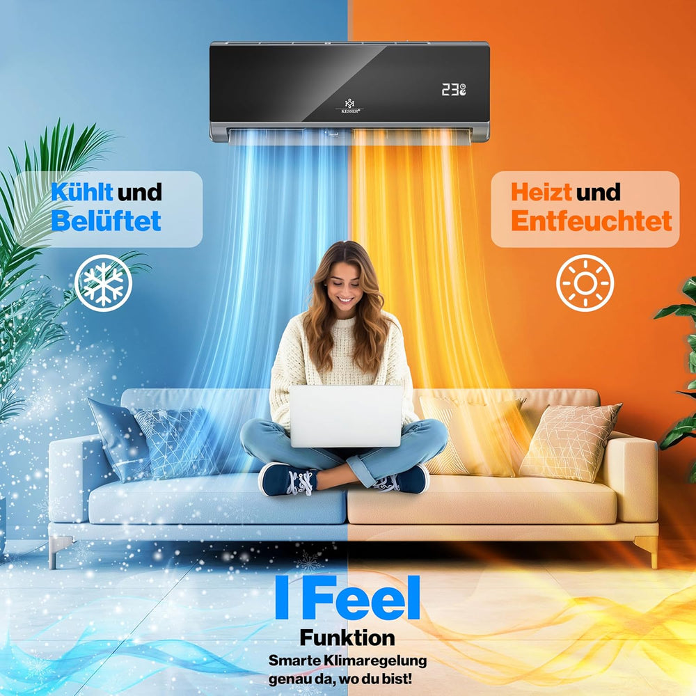 KESSER® Climatisation SET réversible - Climatiseur avec fonction WiFi/Application - Refroidissement A++/ Chauffage A+ Fluide réfrigérant R32 - Écran LCD Split 9000 BTU/h / 2600 Watt - Anthrazit