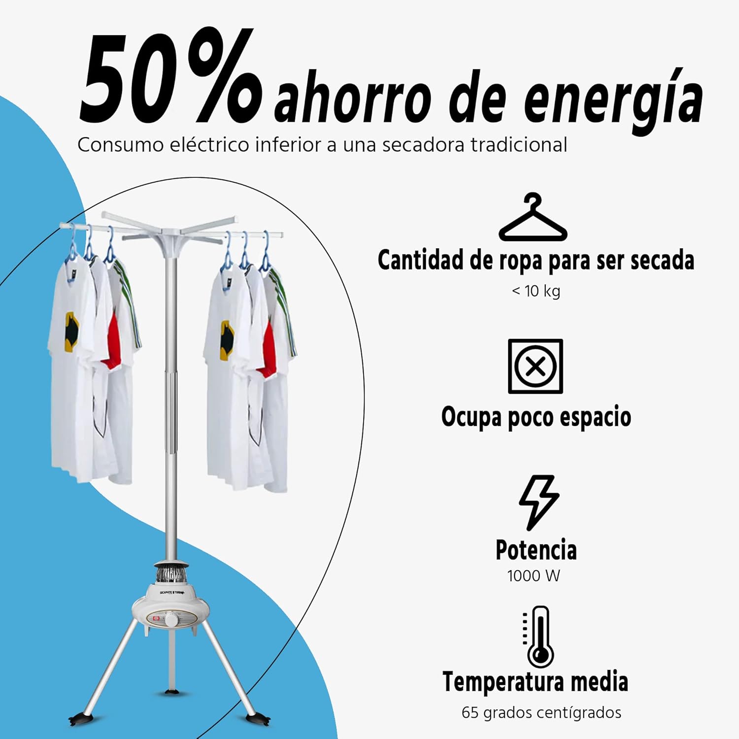 Secamatic Turbo Plus de Xsquo Useful Tech - Séchoir à linge portable sans frottement par air chaud de 1000 W