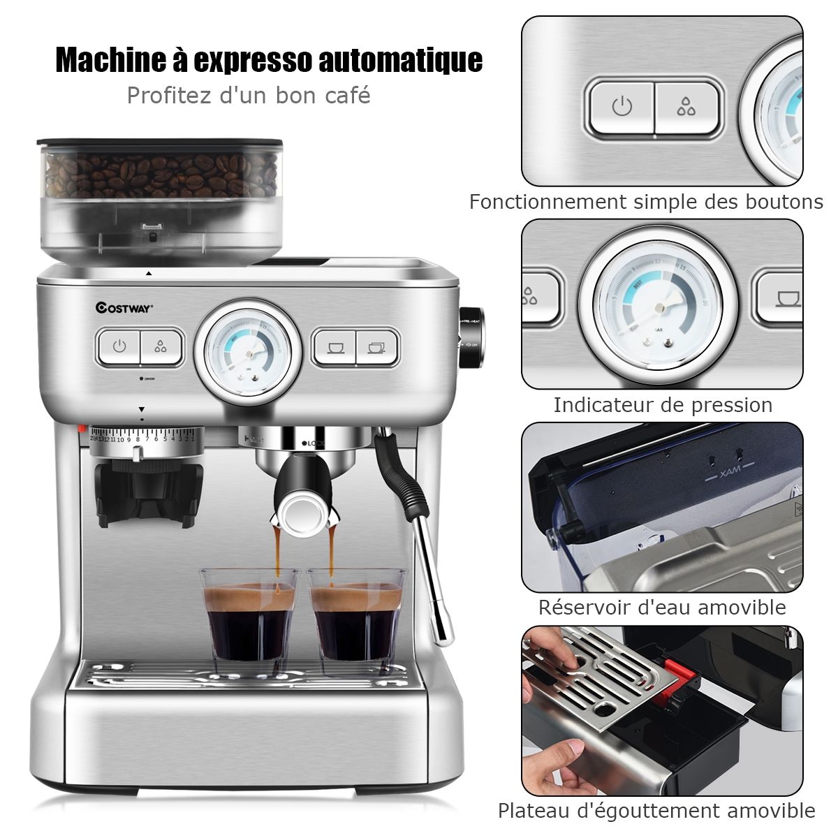 Machine à Café Automatique avec Broyeur à Grains 1350W 30 Niveaux de Poudre de Café Réglables Température Réglable -