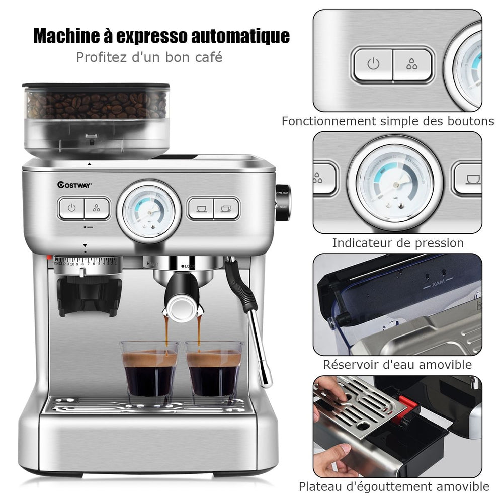 Machine à Café Automatique avec Broyeur à Grains 1350W 30 Niveaux de Poudre de Café Réglables Température Réglable -