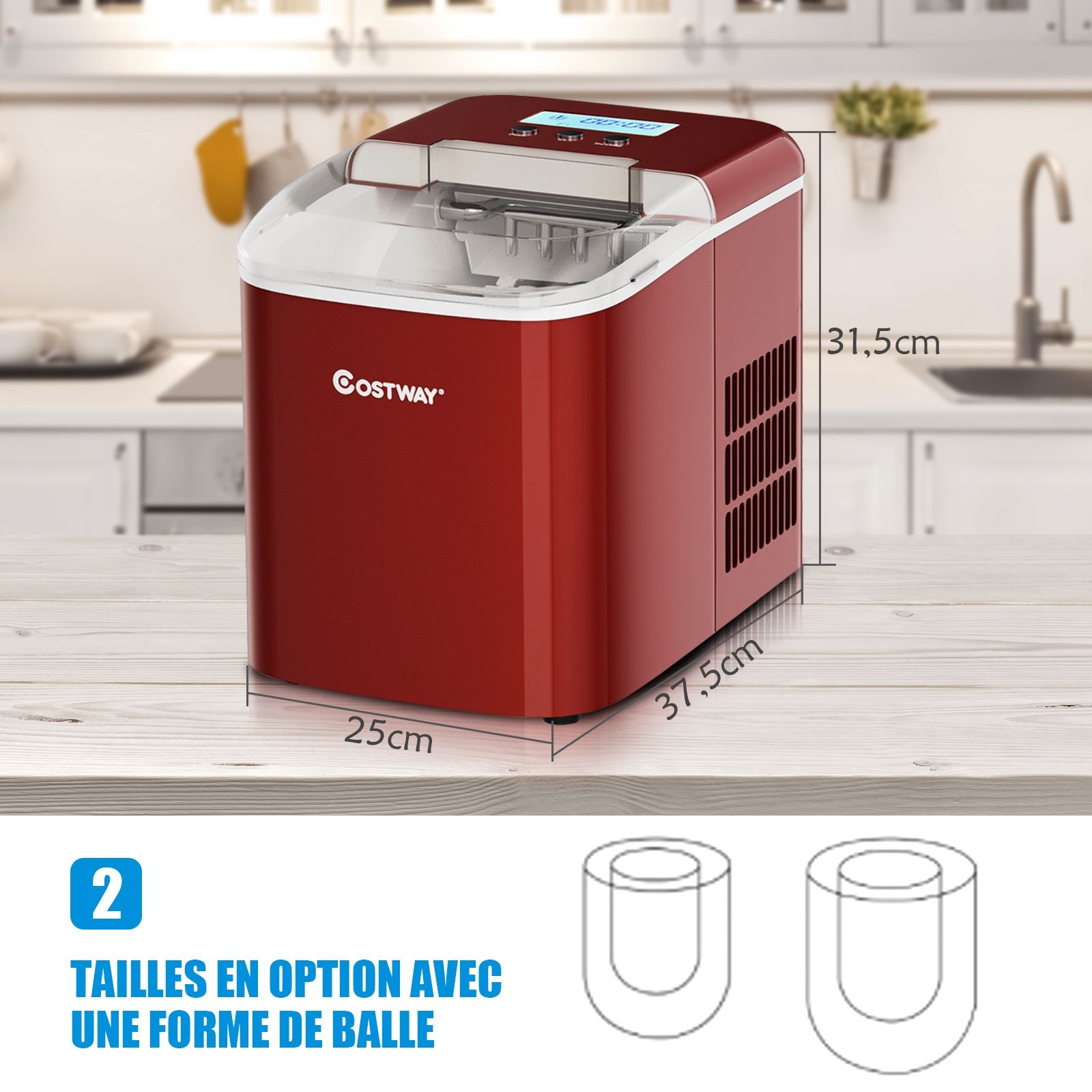 Machine à Glaçons 12KG/24H 2 Tailles de Glaçons 2,1L Réservoir 9pcs en 7 Minutes Pelle Panier Amovible Comptoir Maison Rouge -