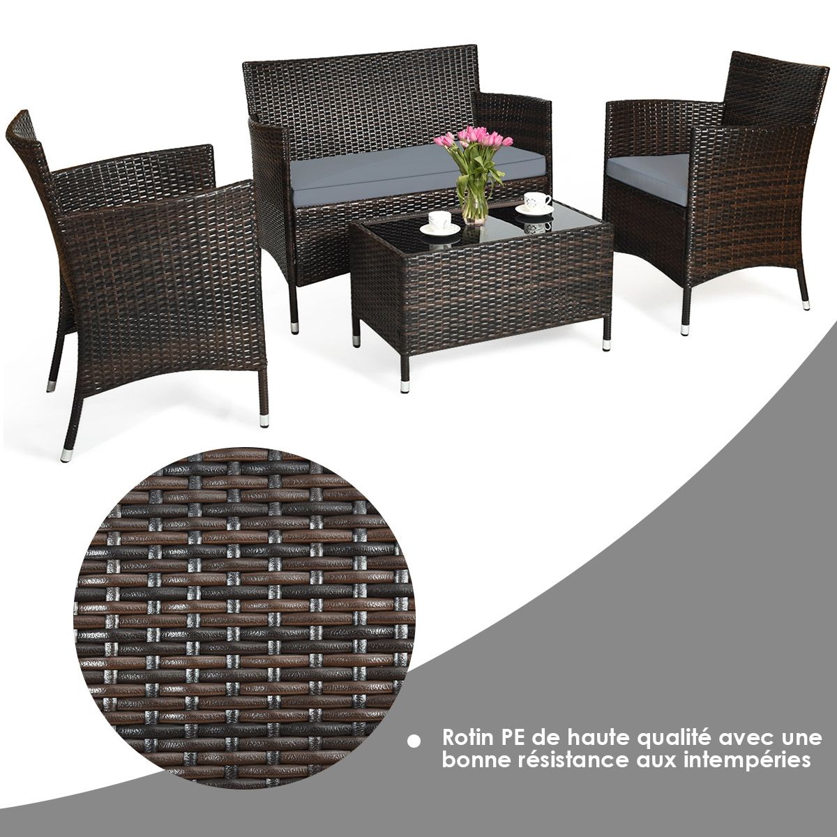 Salon de Jardin 4 PCS Mobilier de Terrasse en Rotin PE pour Véranda Patio Terrasse Piscine Marron et Gris -