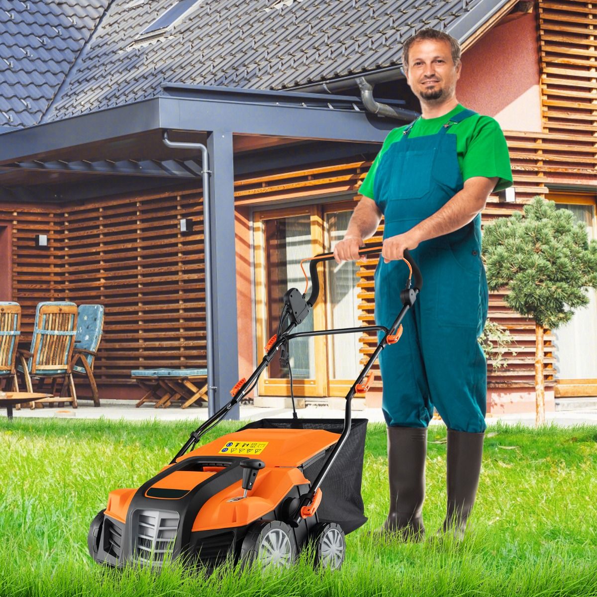 Scarificateur Électrique 2 en 1 de 15A avec Double Interrupteur de Sécurité Réglable Sac de Ramassage 55 L Scarificateur Orange/Vert -