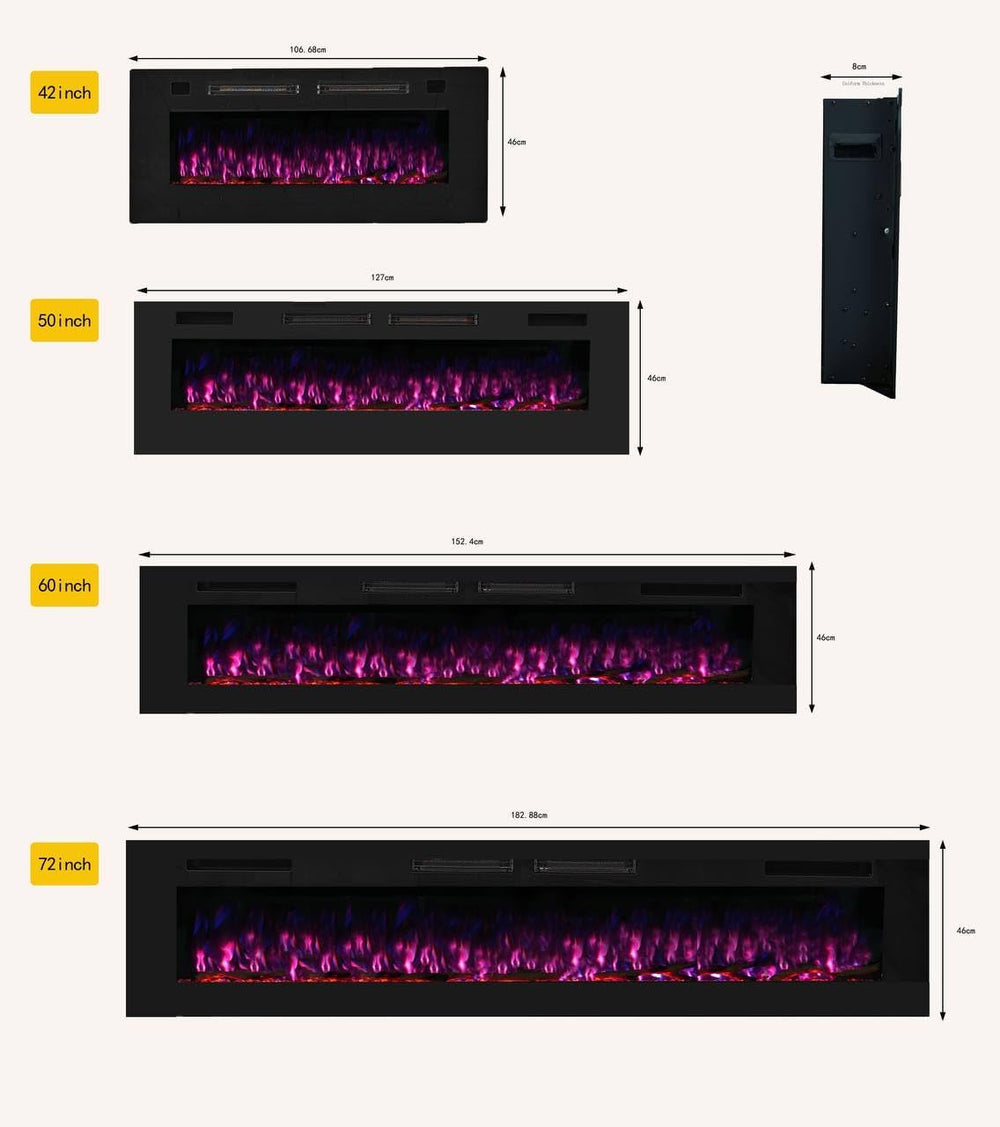 Mystflame Crystal 50 - Cheminée Électrique Murale avec Wi-FI, 127 cm, Ultra Fine 8 cm, 12 Couleurs de Flamme, Thermostat 750/1500W, Poêle Confortable, Écran Tactile et Minuterie