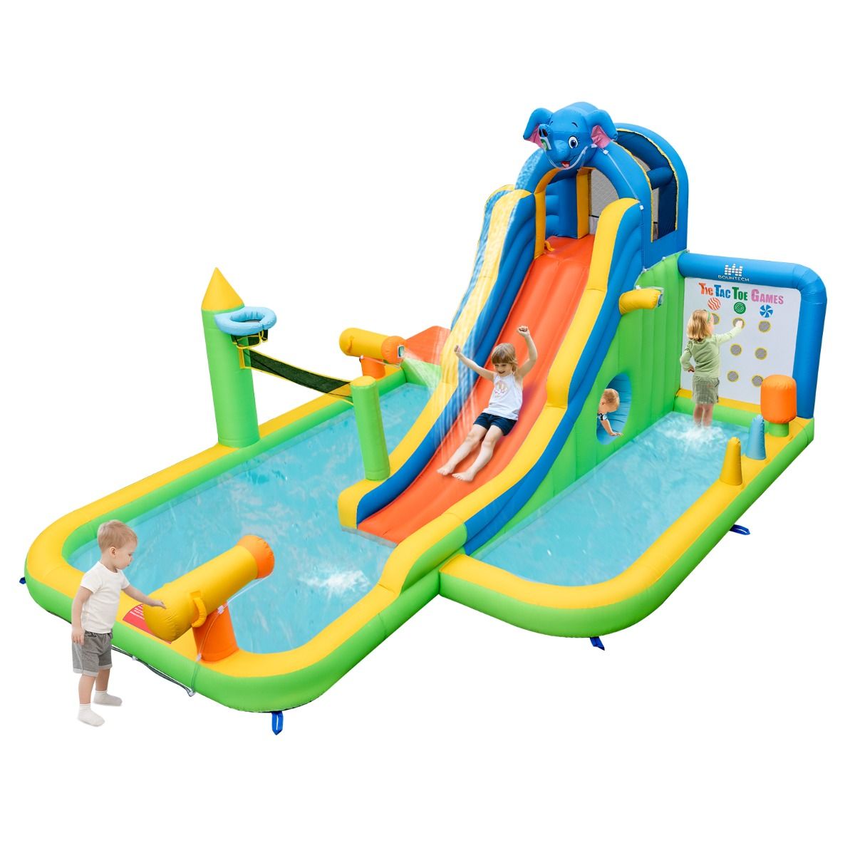 Toboggan Aquatique Gonflable Géant pour Enfants Piscine à Éclaboussures sures Mur D'escalade Canons à Eau Lancer D'anneaux Cerceau (sans Souffleur) Multicolore -