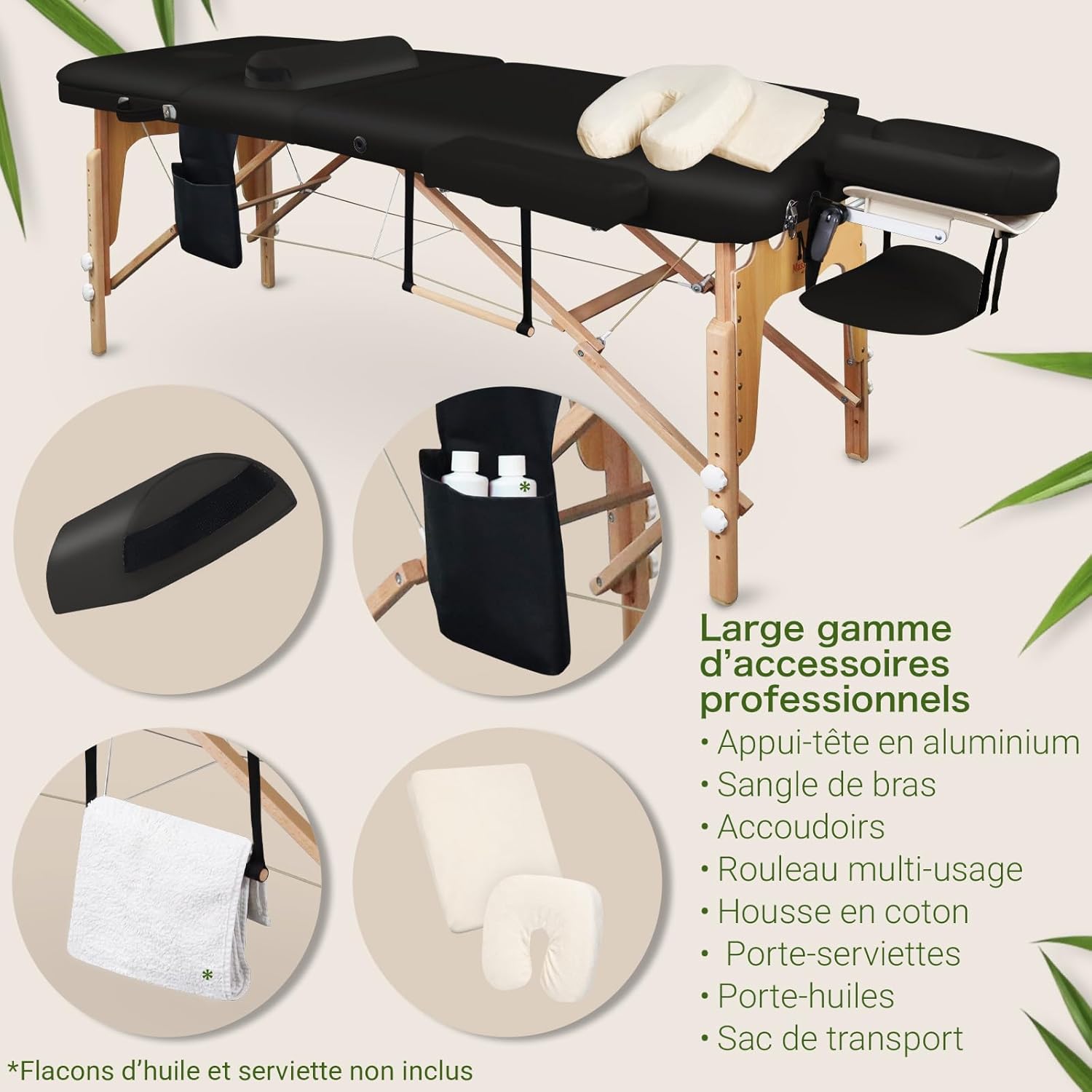 MASSUNDA All INKL Chaise de Massage Pliante et réglable en Hauteur – Table de Massage Mobile en Bois Massif avec Housse en éponge, accoudoirs et dossiers, appuie-tête Ergonomique (Noir)