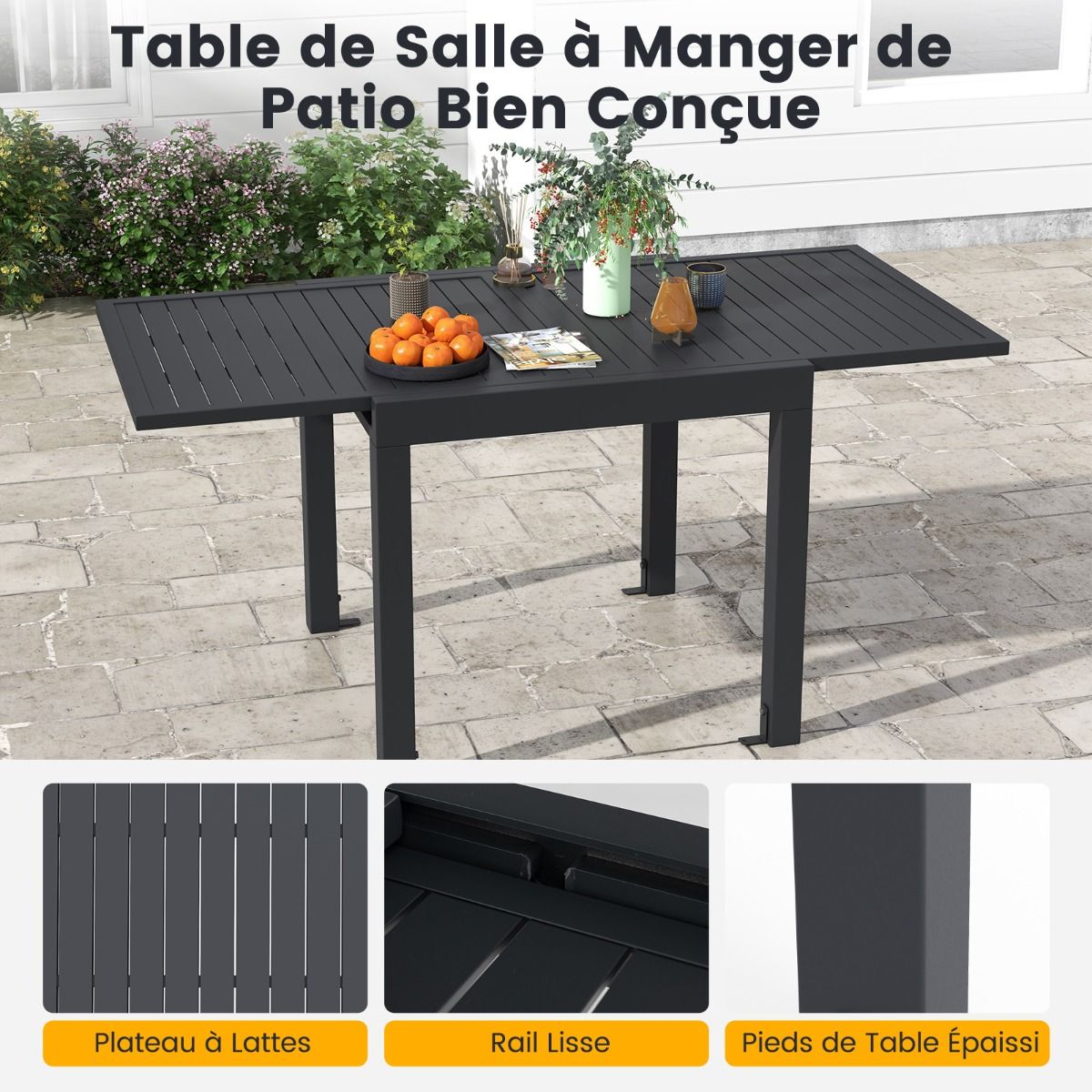 Table de Jardin Extensible en Aluminium Ajustable de 80 à 160 CM Table à Manger Extérieure Plateau à Lattes pour 4-6 Personnes Gris Foncé -