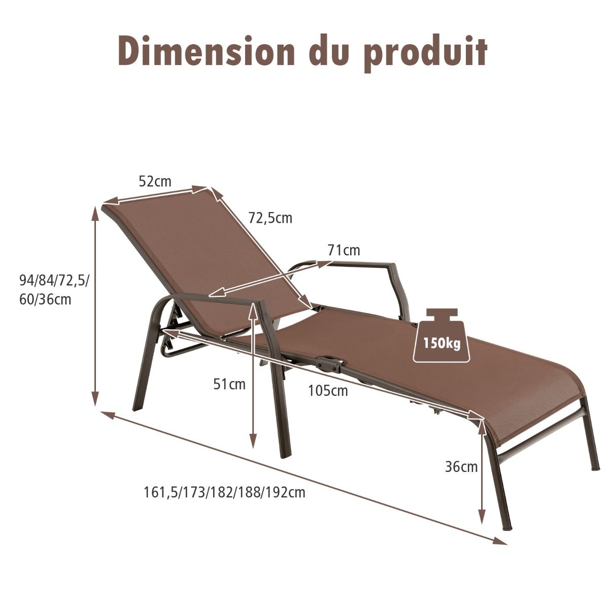 Lot de 2 Chaises longues avec Dossier Rglable Tissu Respirant Structure Robuste en Acier Charge Max 150KG -