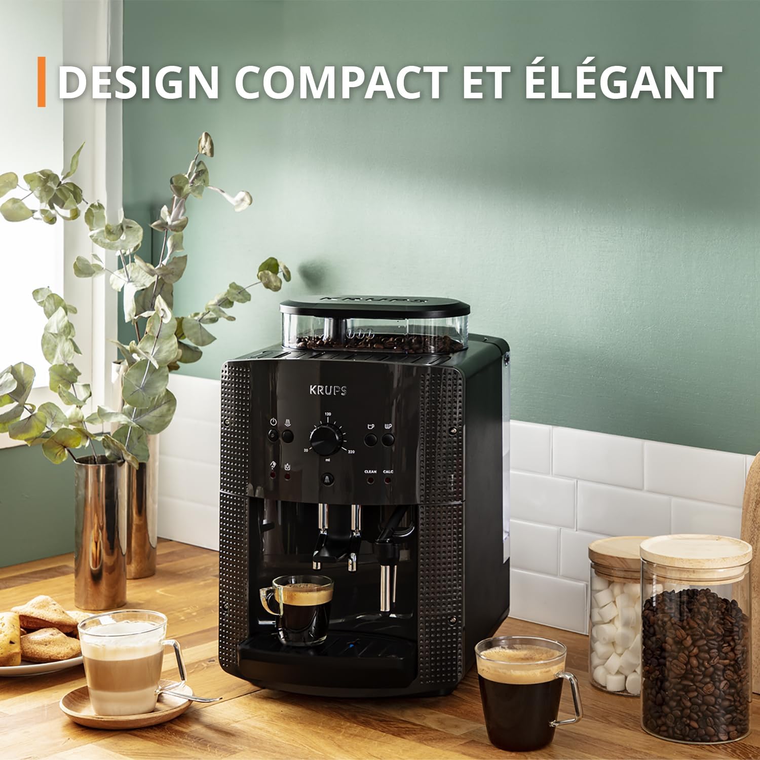 Machine  caf grain,1,7 L,2 tasses en simultan,Nettoyage automatique,Buse vapeur pour Cappuccino,Cafetire espresso,Essential noire YY8125FD,Noir -
