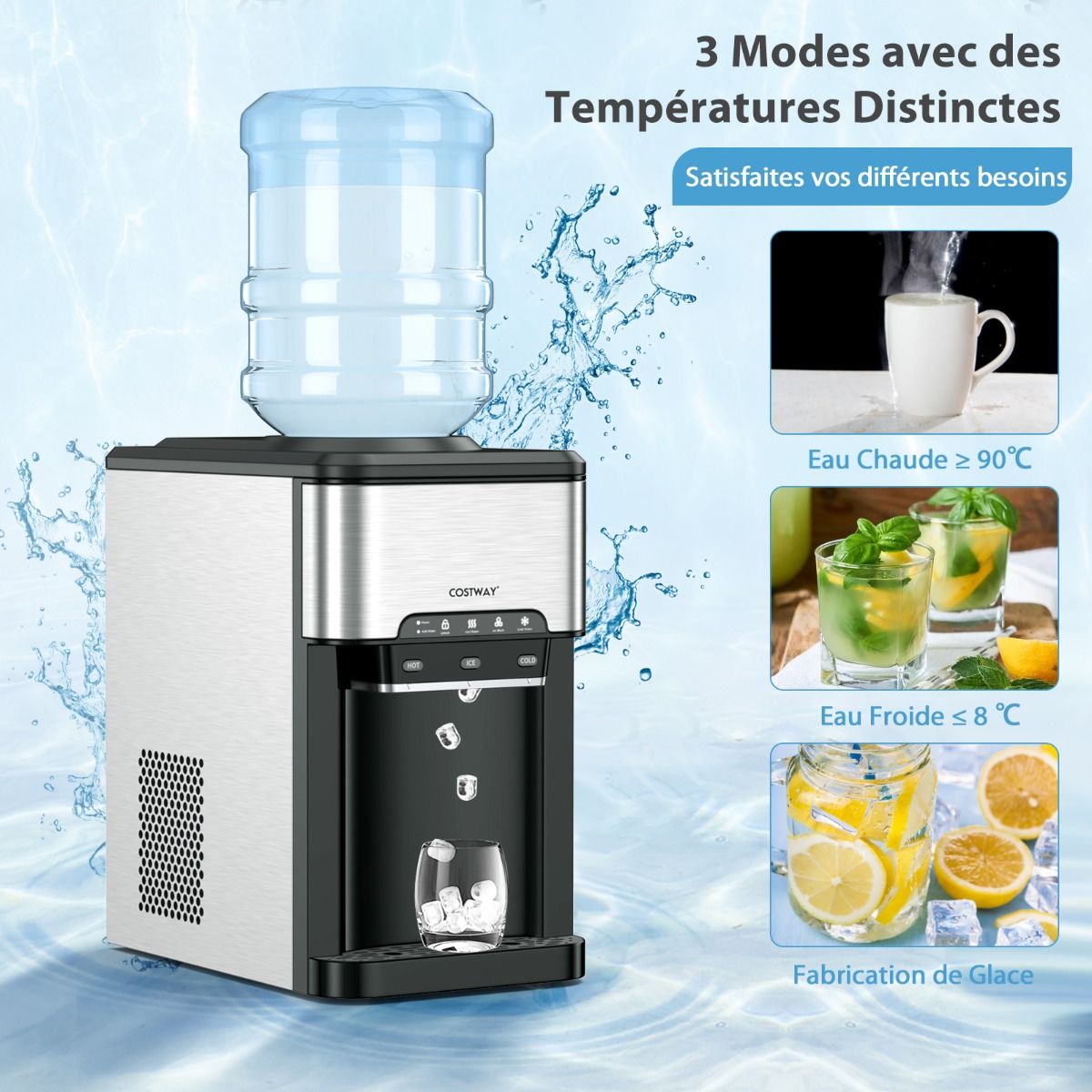 Machine à Glaçons 3 en 1 avec Distributeur d'Eau Froide/Chaude 20 kg en 24h Cube de Glace 6-13 min pour Maison Bureau Bar -