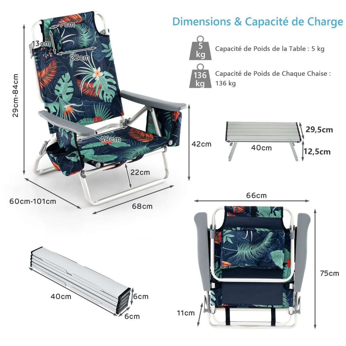 Lot de 2 Chaises de Camping Plage Pliante Table Enroulable en Aluminium Appui-tête Dossier Réglable à 5 Positions 6 Couleurs au Choix -