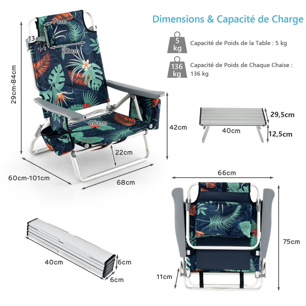 Lot de 2 Chaises de Camping Plage Pliante Table Enroulable en Aluminium Appui-tête Dossier Réglable à 5 Positions 6 Couleurs au Choix -