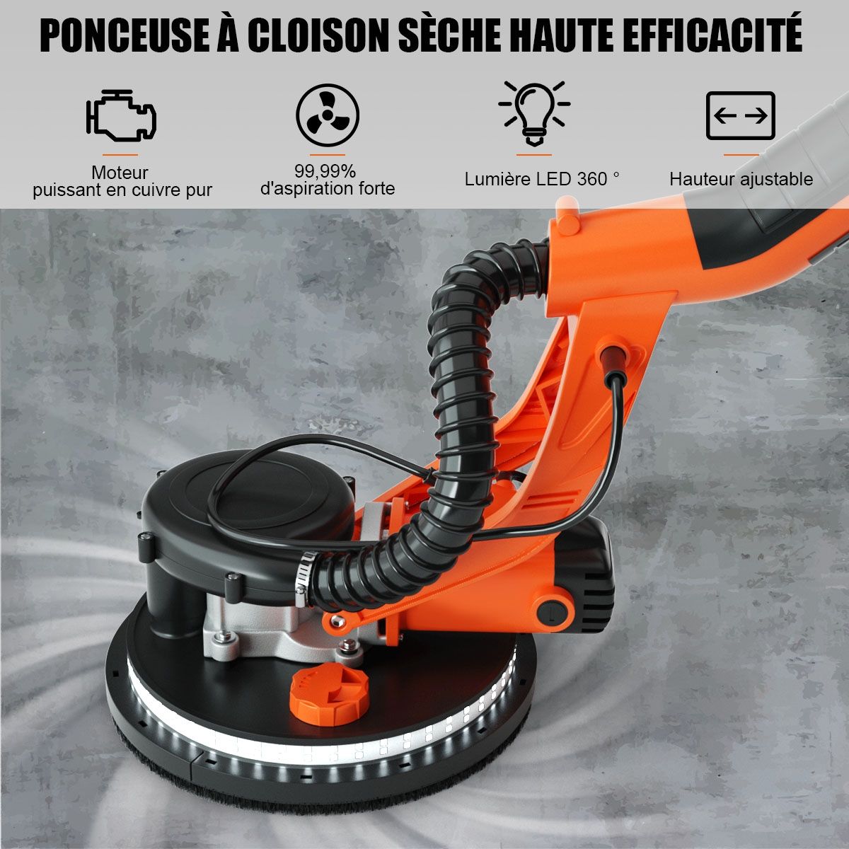 Ponceuse à Plâtre Murale 750W Ø 225mm Aluminium 6 Vitesses Variables Lumières LED Manche Télescopique 12 Disques Abrasifs -
