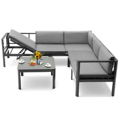 Salon de Jardin Extérieur avec Table Basse en Verre Trempé Canapéavec Dossier Inclinable à 6 Niveaux Coussins Inclus Gris -