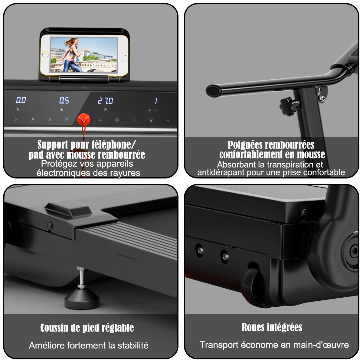 Tapis de Course/Marche Pliable 500W 12 Programmes Prdfinis 0,8-9,6 Km/h Ecran Tactile LED 4 Touches de Raccourci Noir Support pour Ipad -